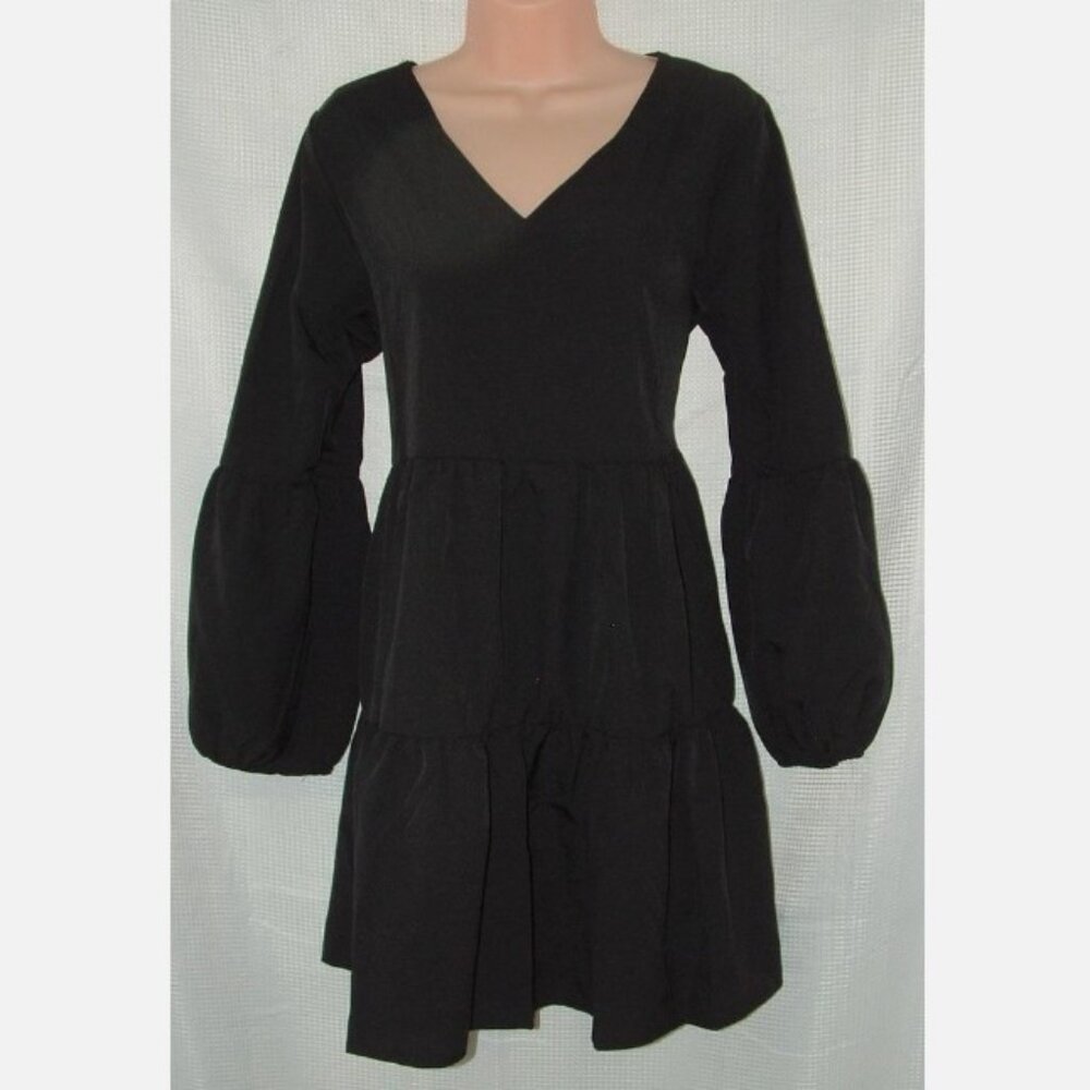 NEW Womens Sz Small or Medium Black Long Puff Sleeve Tiered Boho Mini Dress
